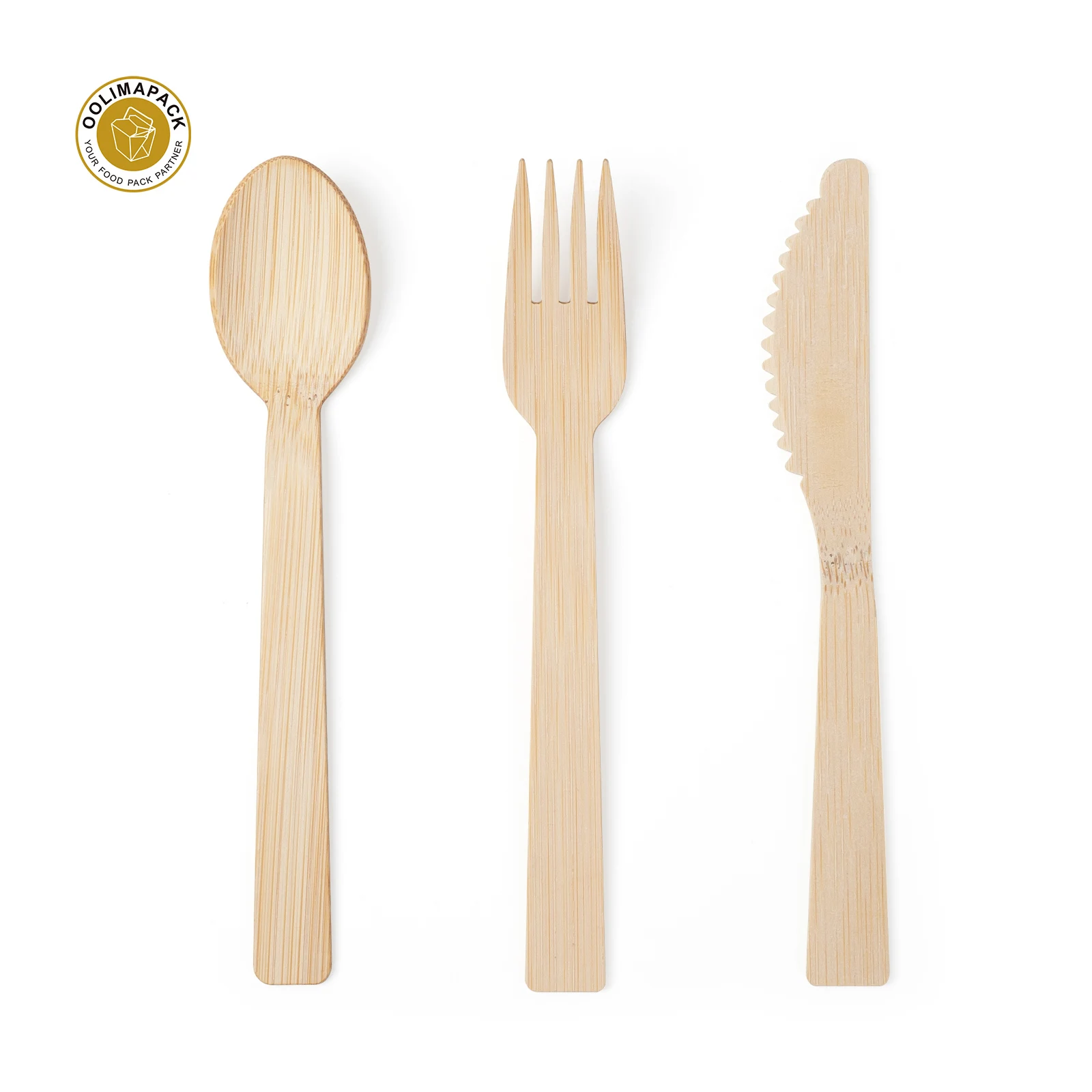 OOLIMA Custom Printed Logo Degradable Disposable Bamboo Cutlery Spoon Fork Knife Tableware Set With Individual Paper Wrapped