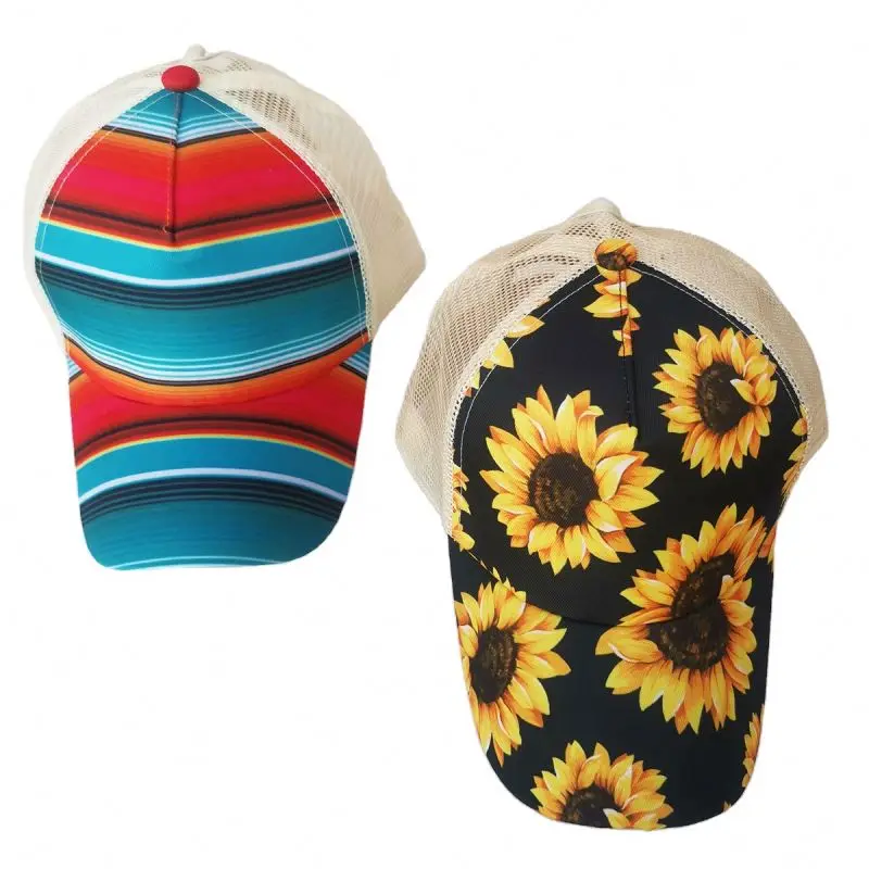 Printed Plaid Trucker Mesh Pony Caps Cheeth Cactus Sunflower Baseball Hats High Messy Buns Ponytail Caps