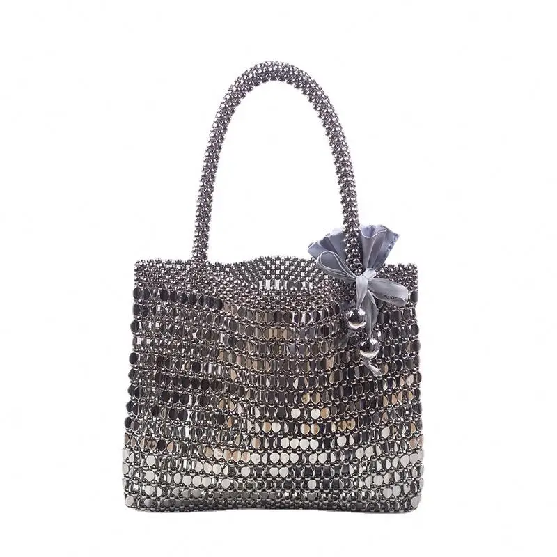 Wholesale Factory Silver Color  Bling Metallic Bead Criss-Cross Weave Square Shape Women Evening Bag Purse Handbag
