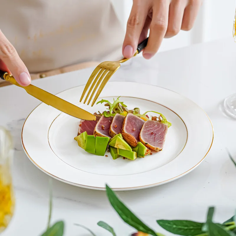 European Nordic Phnom Penh Tableware Home Dish Plate Set in Red Western Steak Flat Plate with Light Luxury Touch-Ceramic Plate
