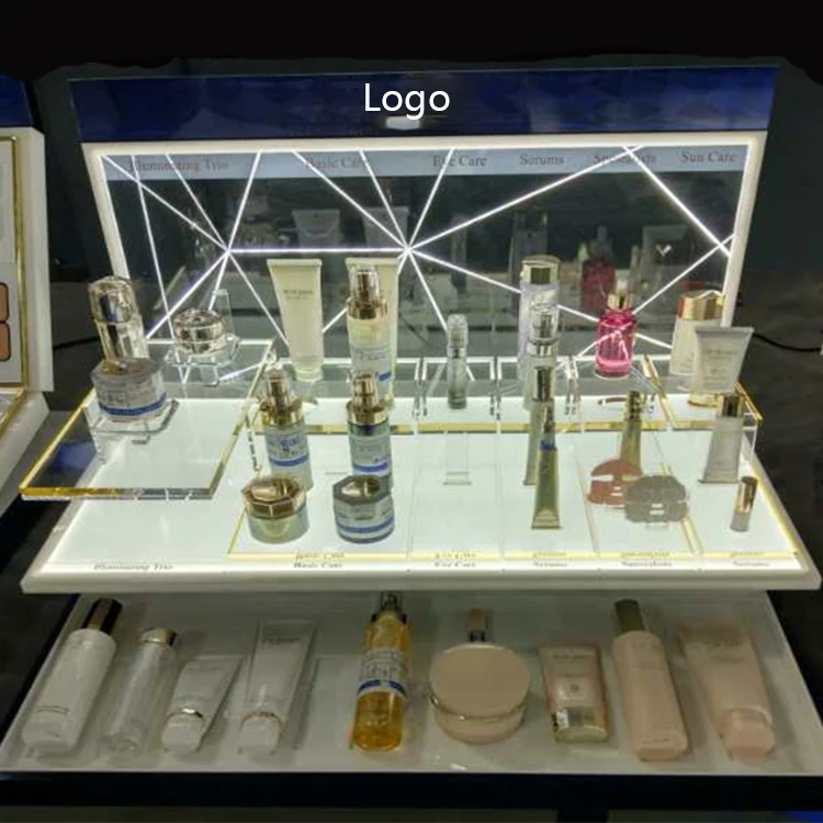 OEM Retail Luxury Acrylic Cylinder Organizer Rack Cosmetic Makeup Skincare Products LED Display Stand