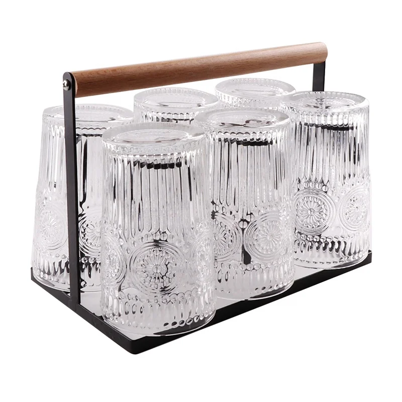 Wholesale Drinking Glasses Set Vintage Sun Flower Pressed Glass Water Cup Set With Wood Stand