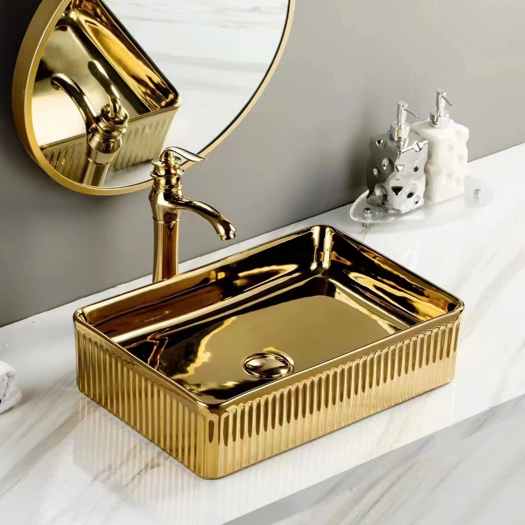 K2113A Hight Quality Counter Top Bathroom Gold Colored Ceramic Wash Basin