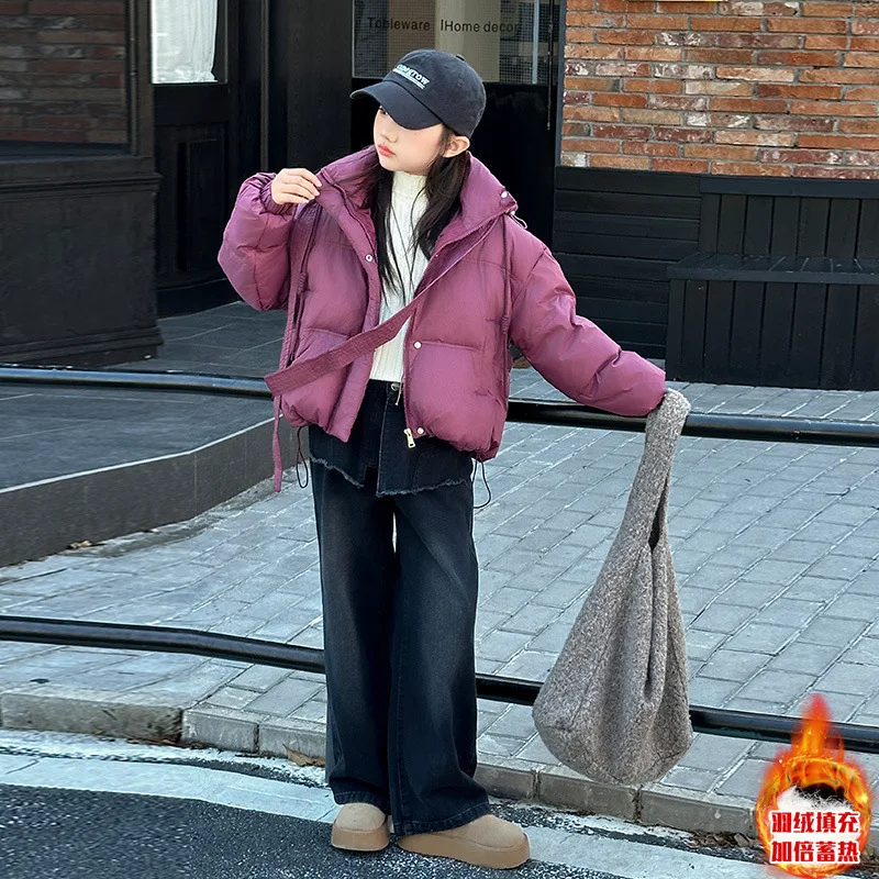 2024 New Teenagers Girls Winter Children Girl Solid Purple Gray Black Thicken Warm Down Coat 5-15 Years
