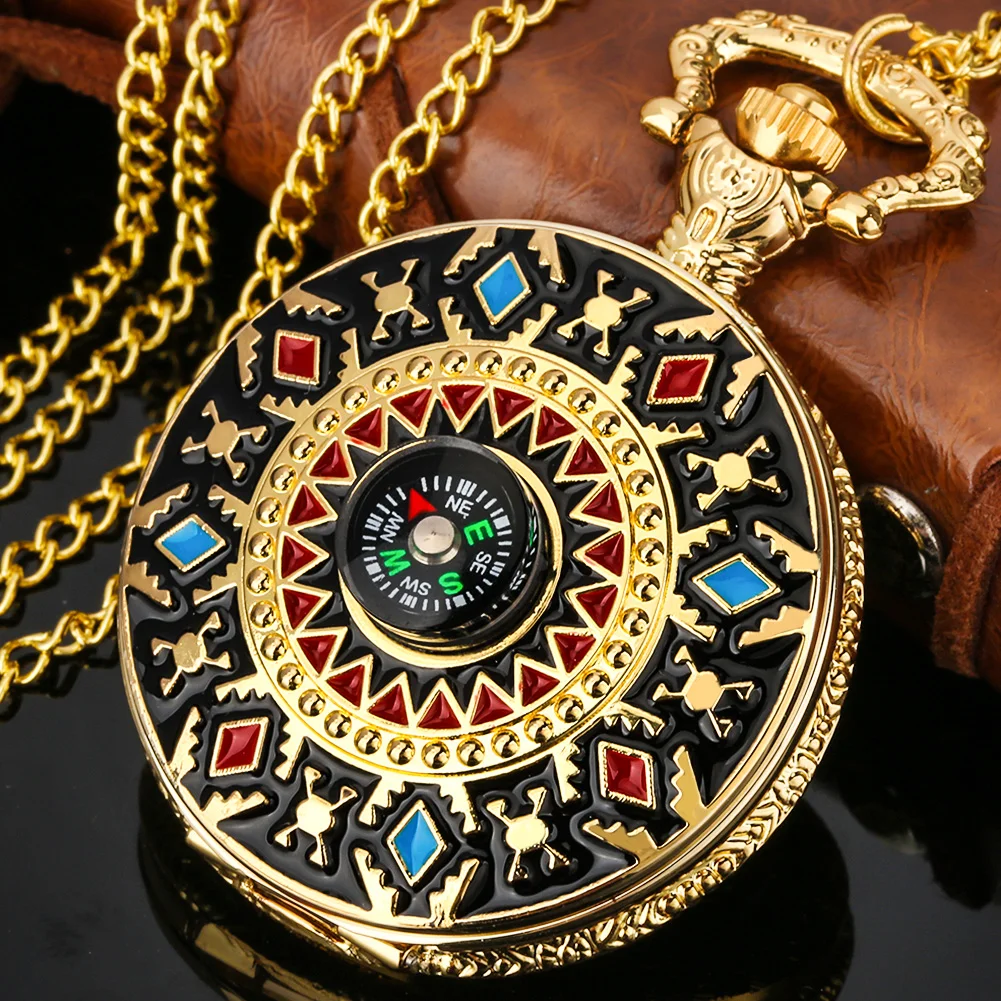 Indian Tribe Style Analog Quartz Movement Necklace Chain Pendant Antique Pocket Watch With Compass