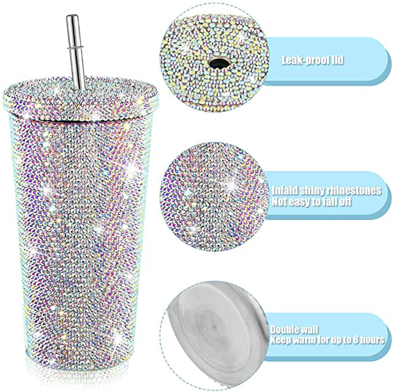 Bling Rhinestone Diamond Tumbler Glitter Water Bottle with Lid Stainless Steel Vacuum Thermal Straw  fancy vacuum tumbler