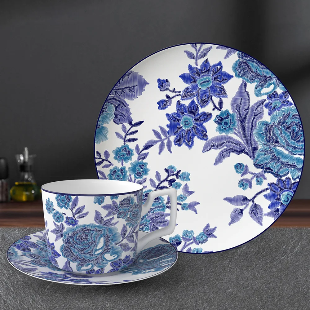 Customized creative embossed ceramic steak pizza plate kitchen tableware set bowl coffee cup milk cup