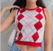 body-hugging exposed-midriff knitting sexy lozenge-shaped plaid knitting folding slim-knit undershirt sleeveless vest for women