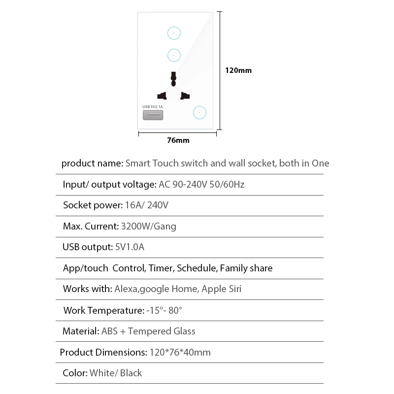Universal Standard Tuya Smart Life Remote Control WiFi Smart Light Switch Socket with USB port and Backlight Function