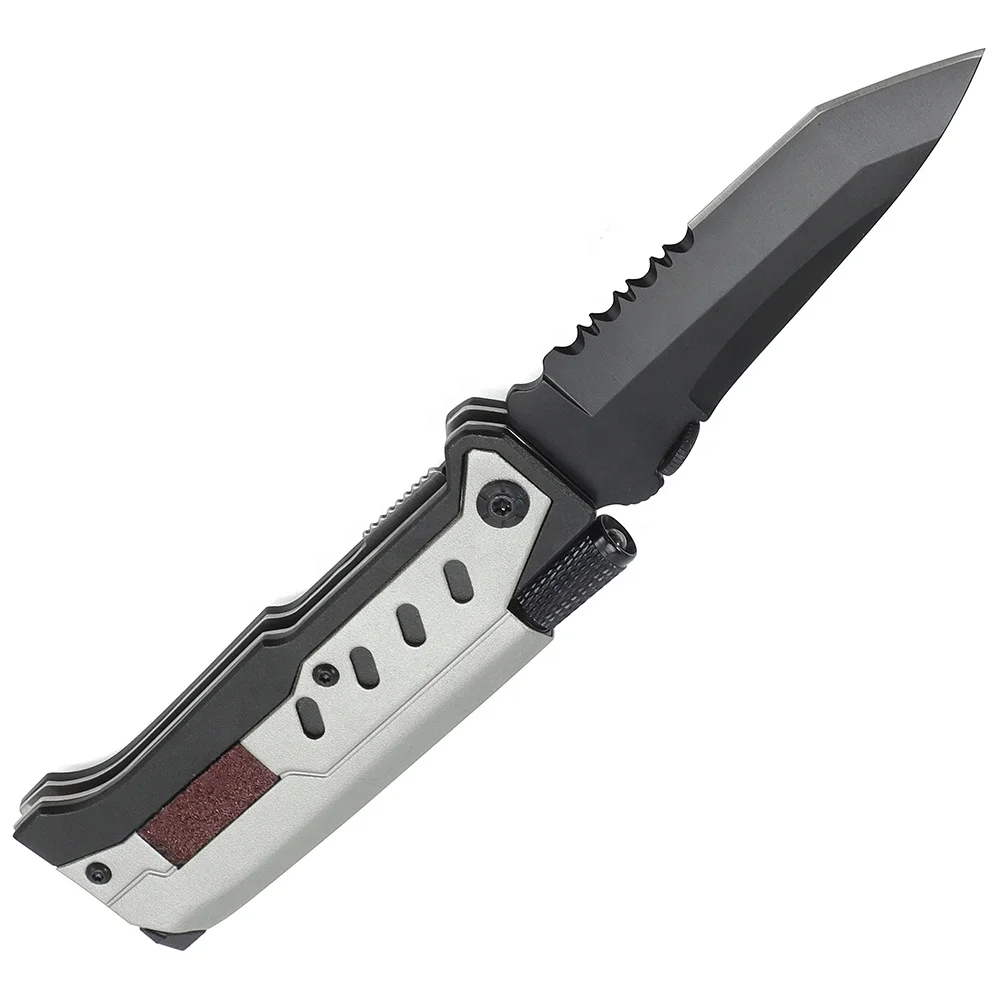 Wholesale Aluminium Handle Blackening Blade Camping Survival Folding Pocket Knife with Fire Starter and Flashlight