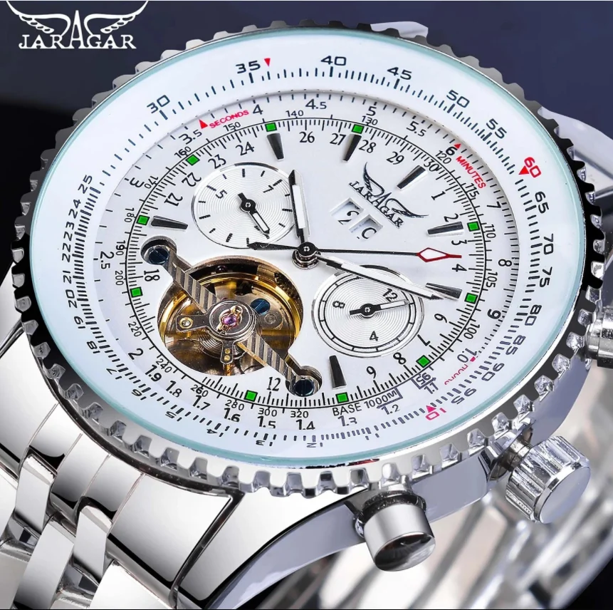 JARAGAR Men Automatic Stainless Steel Band Watches Big Face Three Dial Calendar Clo with Gift Box