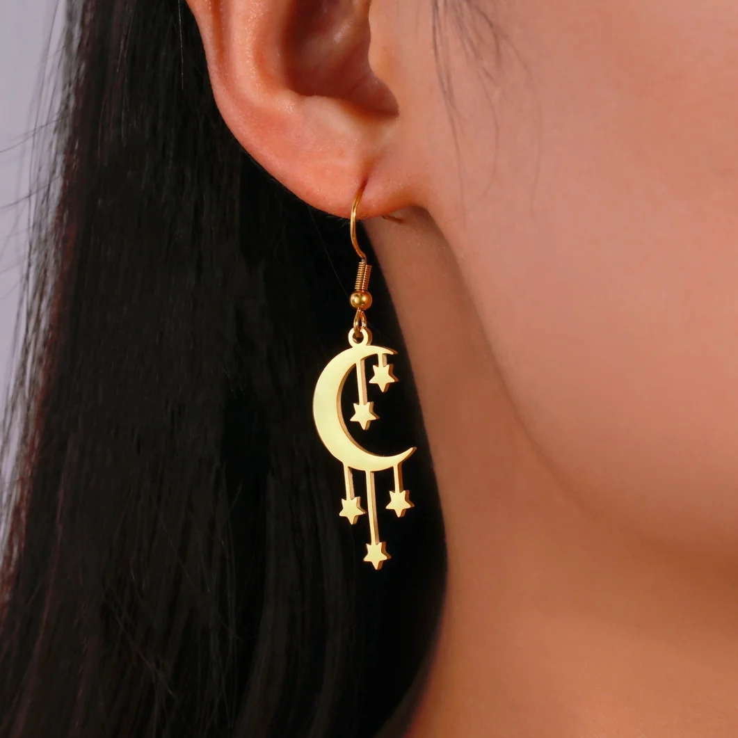 Crescent Moon Stars Drop Earrings Stainless Steel Gold Color Dangle Earrings Bohemian Jewelry Gift for Women Girls