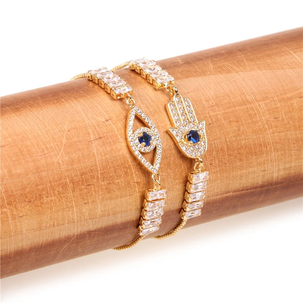 European High Quality Jewelry Blue Crystal Evil Eyes Bracelet Microstudded Zircon Plated 18K Gold Fatima Palm Bracelet For Women
