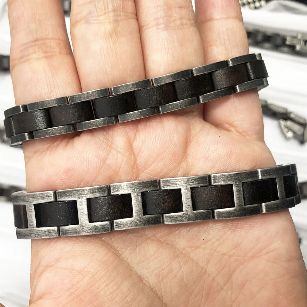 Unique Amazing Mens Link Bracelet Antique Silver Stainless Steel Ebony Hawaiian Handmade Wood Bracelets For Men