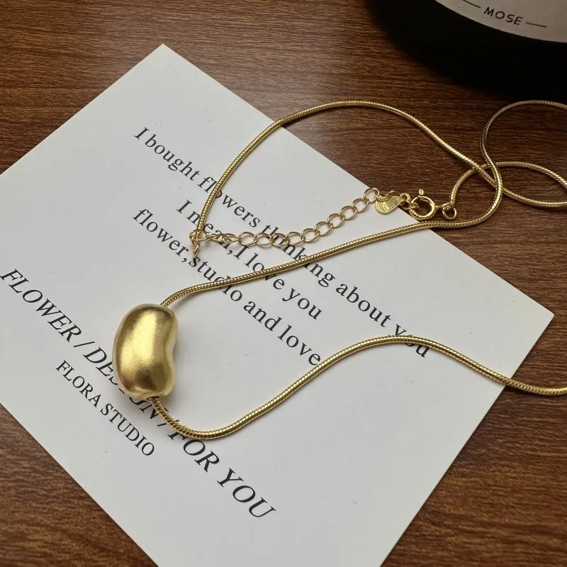 Real S925 Sterling Silver Frosted Big Bean Clavicle Chain Necklace Women Girl Fine Jewelry