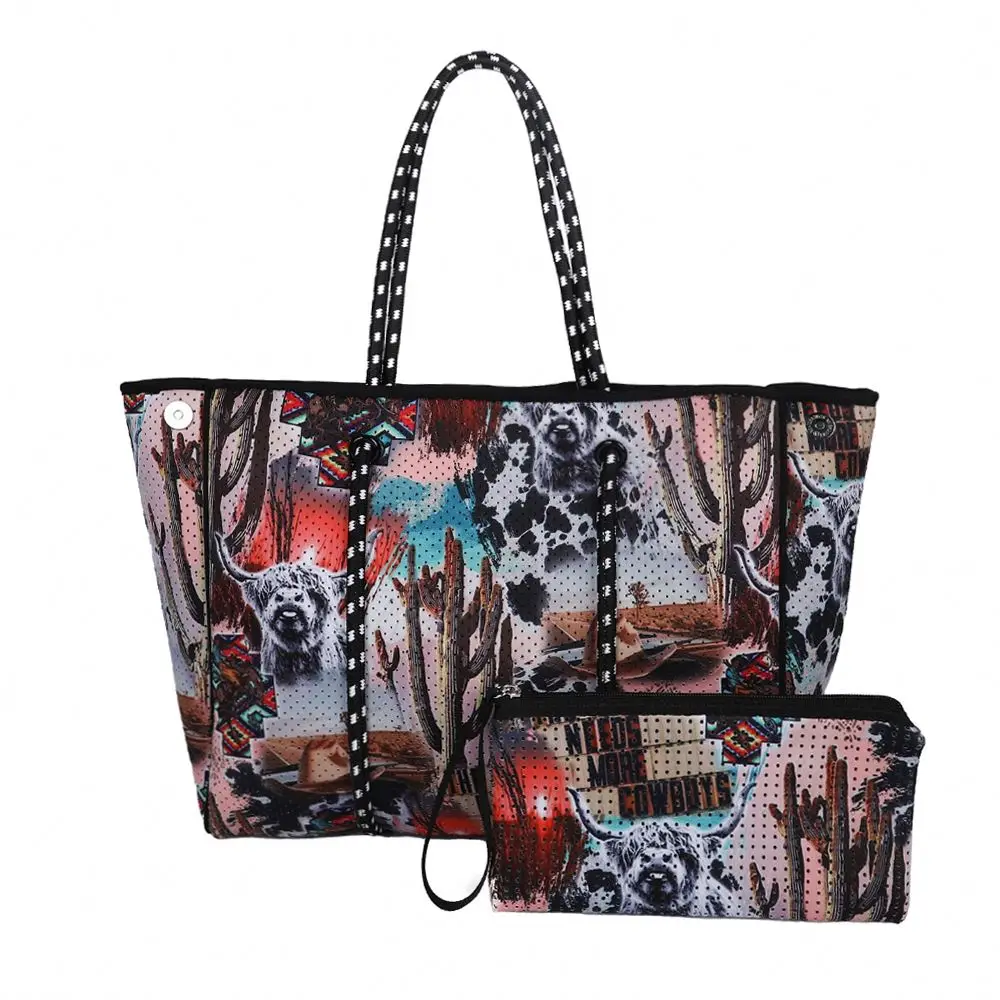 
Элегантные высококачественные женские кошельки для покупок, Неопреновая роскошная женская пляжная сумка-тоут с ковбойским принтом, сумка через плечо, кошелек с ремешком на руку 