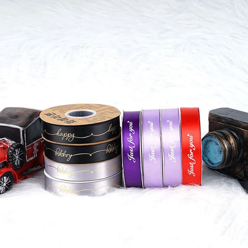 Wholesale Glitter Gift Satin Ribbon Customize Logo Luxury 3D Embossed Raised Logo Polyester RIBBONS Elastic Ribbon Silk Screen