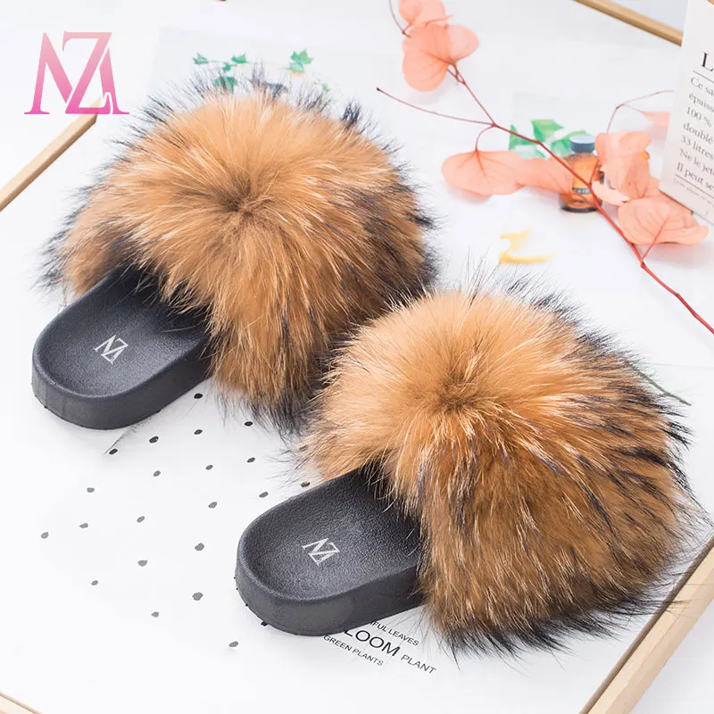 USA MZ big fluffy luxury mink baby custom color fur slippers sandals wholesale vendor fox raccoon kids fur slides for women