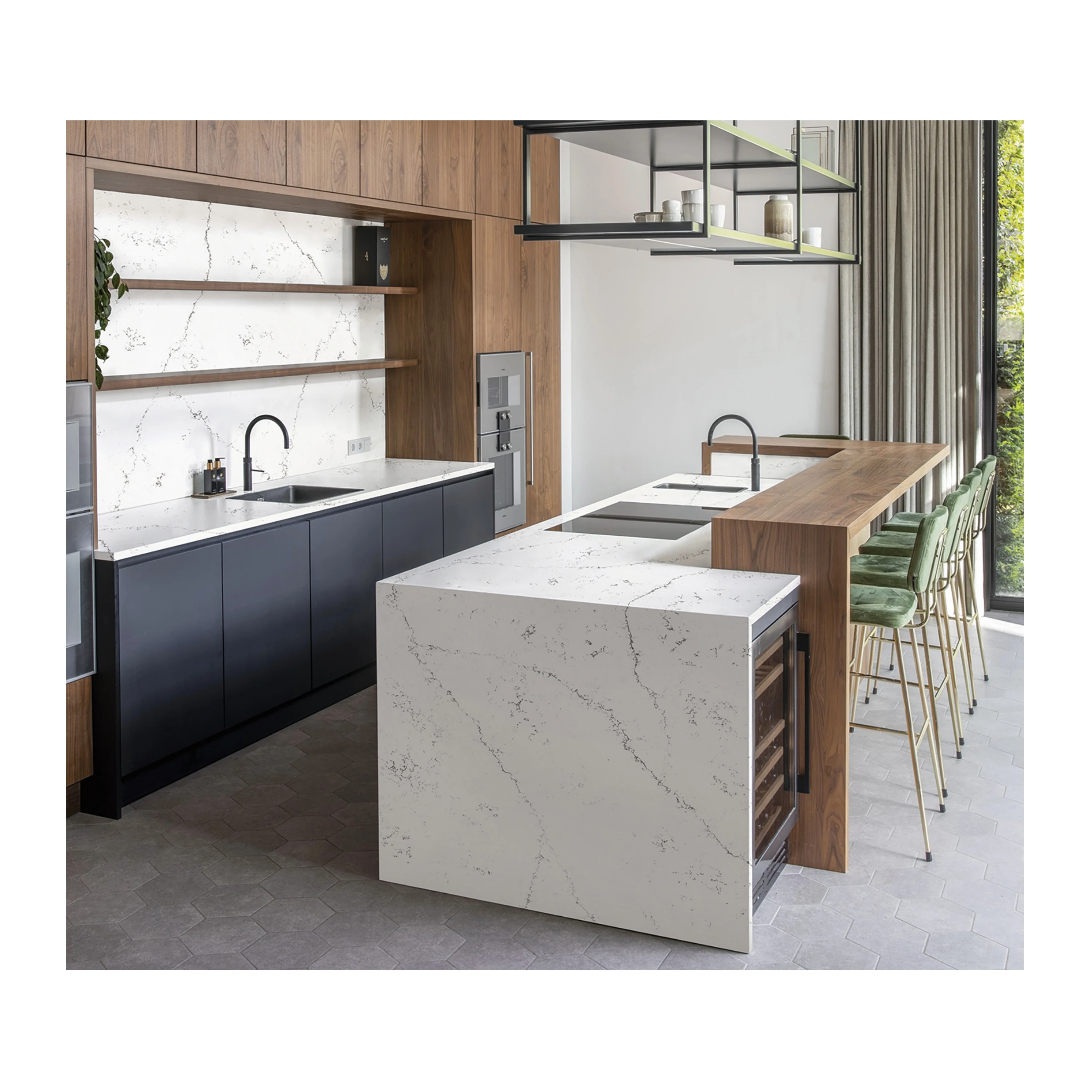 Engineered Quartz Stone Benchtops With Draining Grooves Artificial Slabs for Kitchen Countertop Island Counter Top
