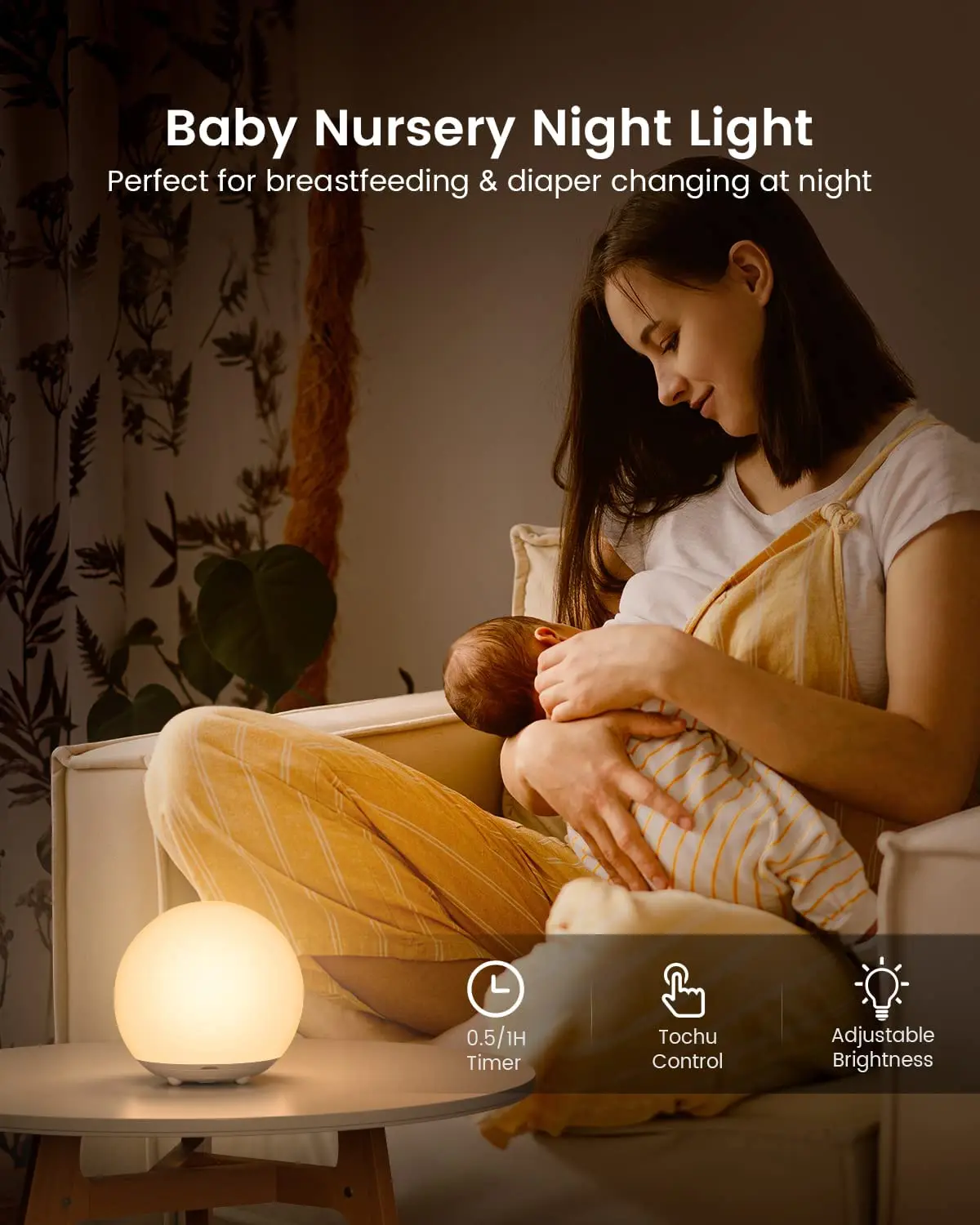 LED Bedside Touch Sensor Lamp for Kids Breastfeeding USB Rechargeable Nursery Dimmable Warm Night Light
