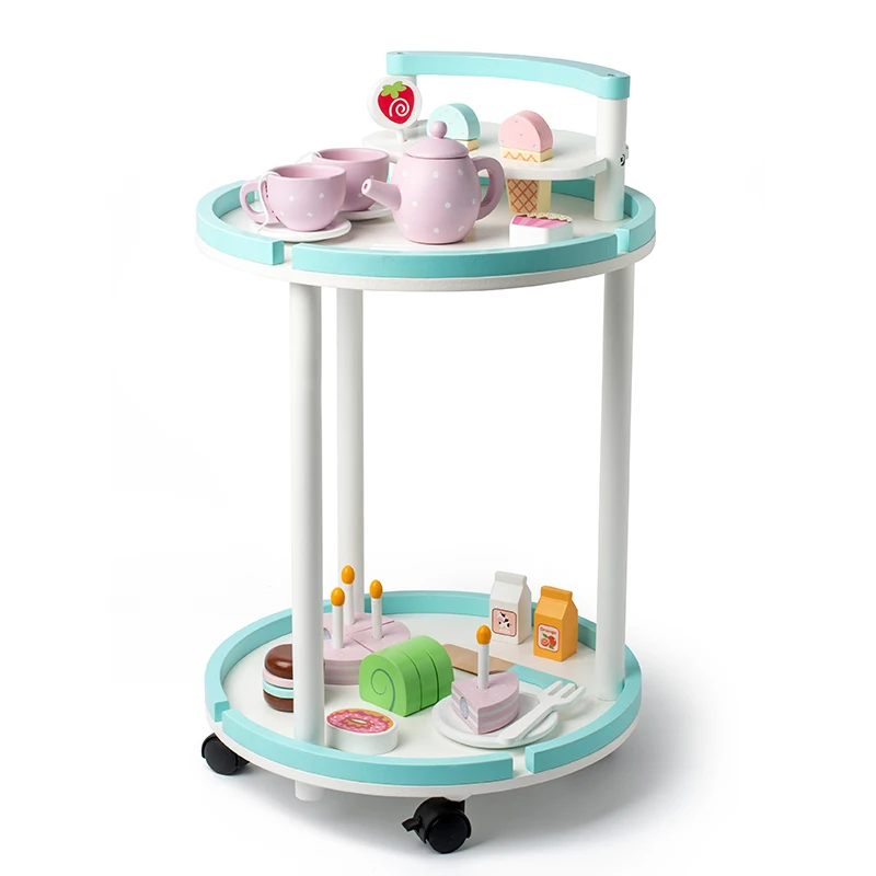 Children Role Play Wooden Kitchen Toy Simulation Cake Funny Cut Afternoon Tea Pretend Shopping Cart Kids Educational Toy