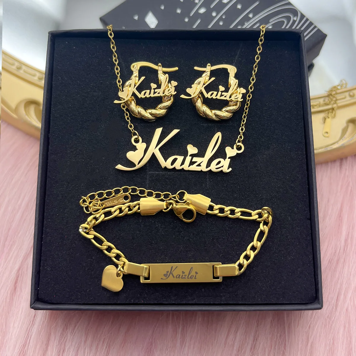 New Custom Birthday Gift For Kids Personalized Stainless Steel Name Necklace Bracelet Earring Hoop Set