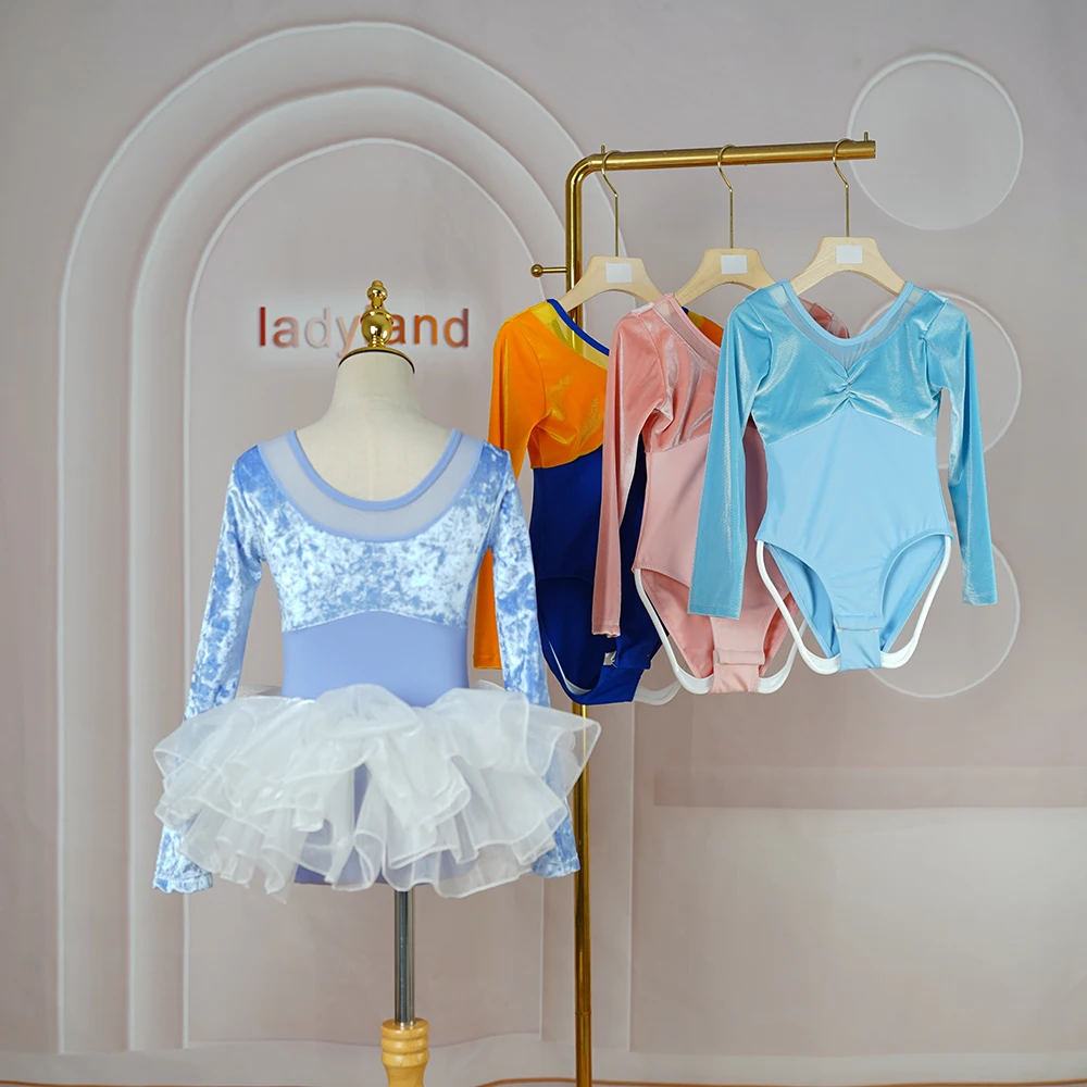 Popular fashionable kids girls thong long sleeves girls velvet ballet skirted leotard dress costume