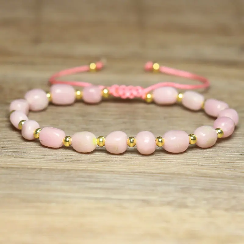 Bohemian Stone Bracelet for Women Fashion Jewelry Natural Pink Opal Beads Handmade Dainty Stretch Bracelet Jewelry