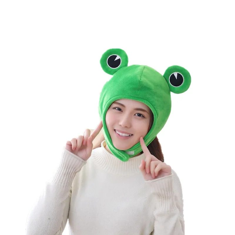 
2021 Hot Sale Cute Plush Frog Hat Scarf Cap Ears Winter Ski Hat Full Headgear Novelty Party Dress up Cosplay Costume Green 
