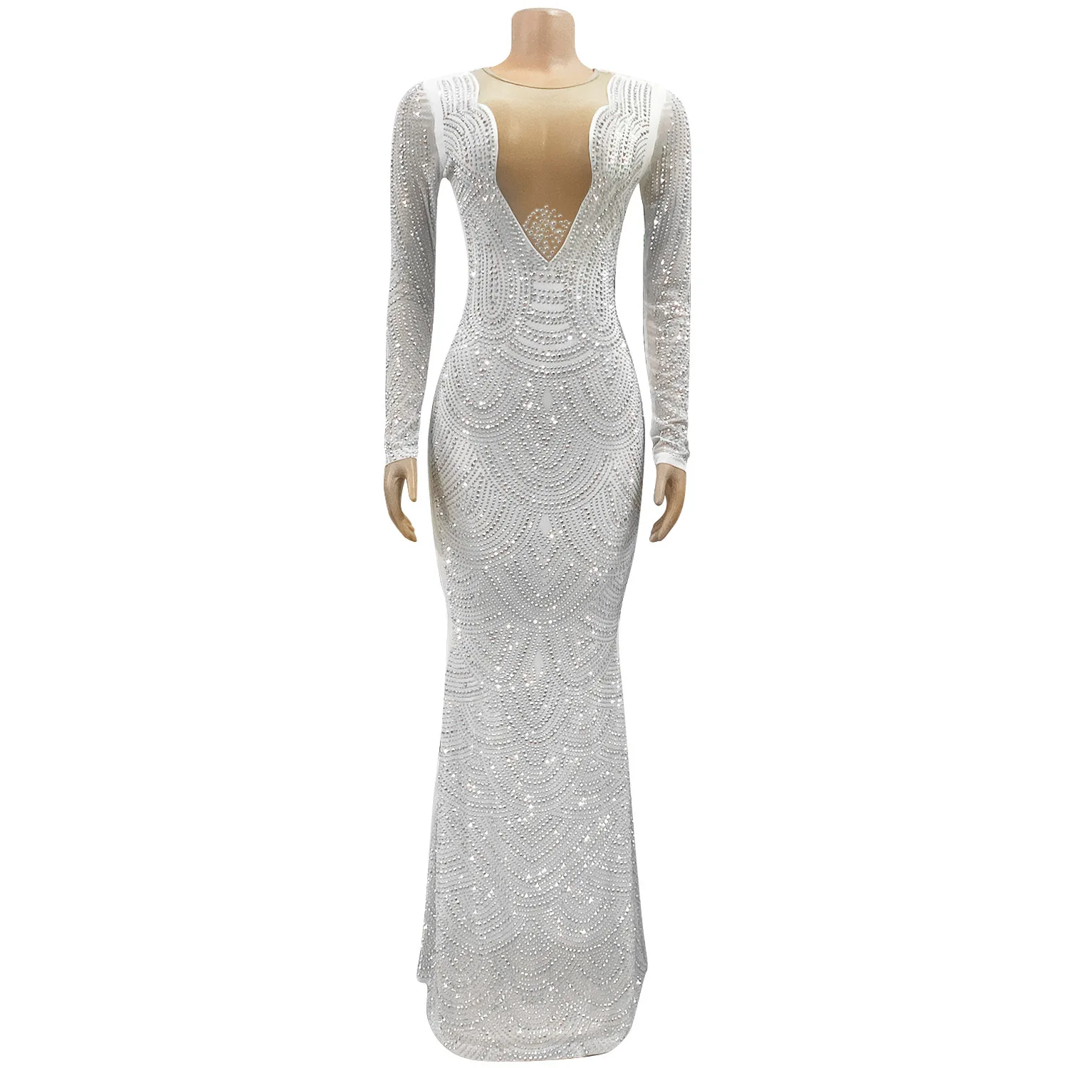 C240207 Elegant Long Sleeve Prom Dress White Rhinestone Train Evening Party Dresses Women