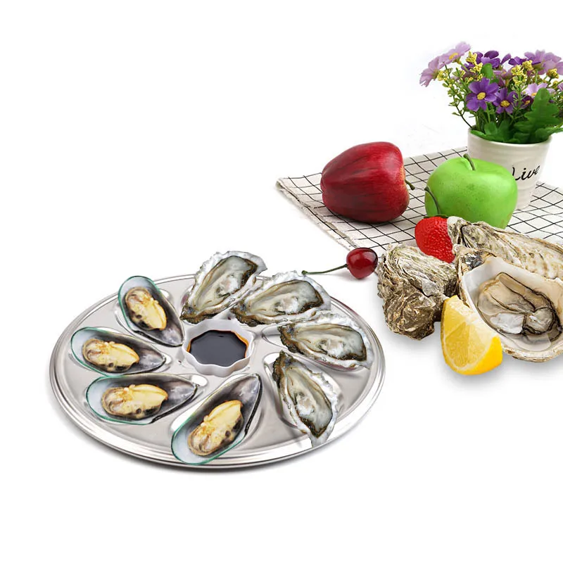 Stainless Steel Oyster Plate Seafood Buffet Serving Tray BBQ Bar Barbecue Kitchen Accessories Tableware 7pcs Oyster Dish