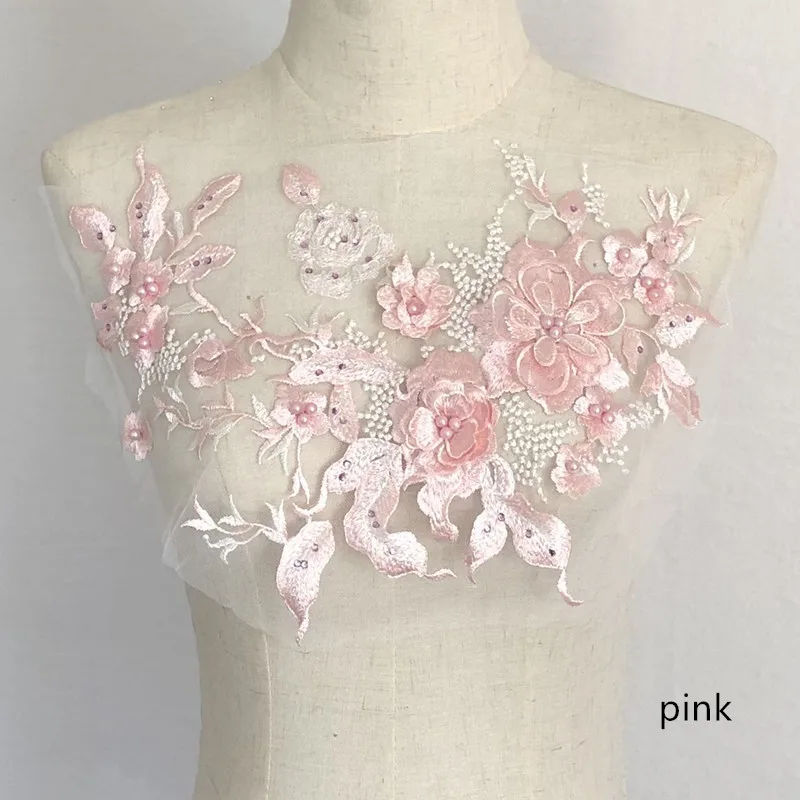 Beaded Blossom Lace Applique 3D Flower Embroidery Lace Patch Motif Sew onto Dance Costumes PromDress