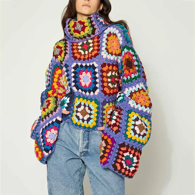 Custom knit sweater women crochet sweater long sleeve turtleneck woman knitwear handmade sweater design for ladies