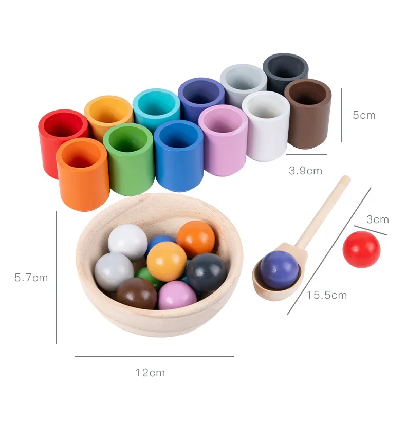 Balls in Cups Wooden Sorter Game 12 Balls 30 mm Age 1+ Color Sorting and Counting Preschool Learning Education Montessori Toys