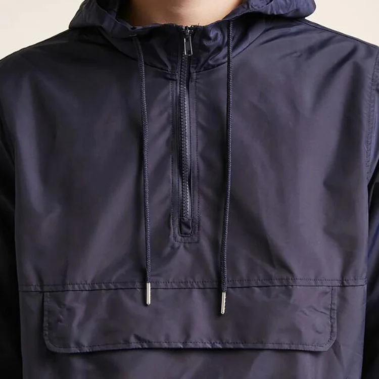 
custom pullover windbreaker men nylon half zip anorak jacket with front flap pocket drawstring hood with mesh lining 