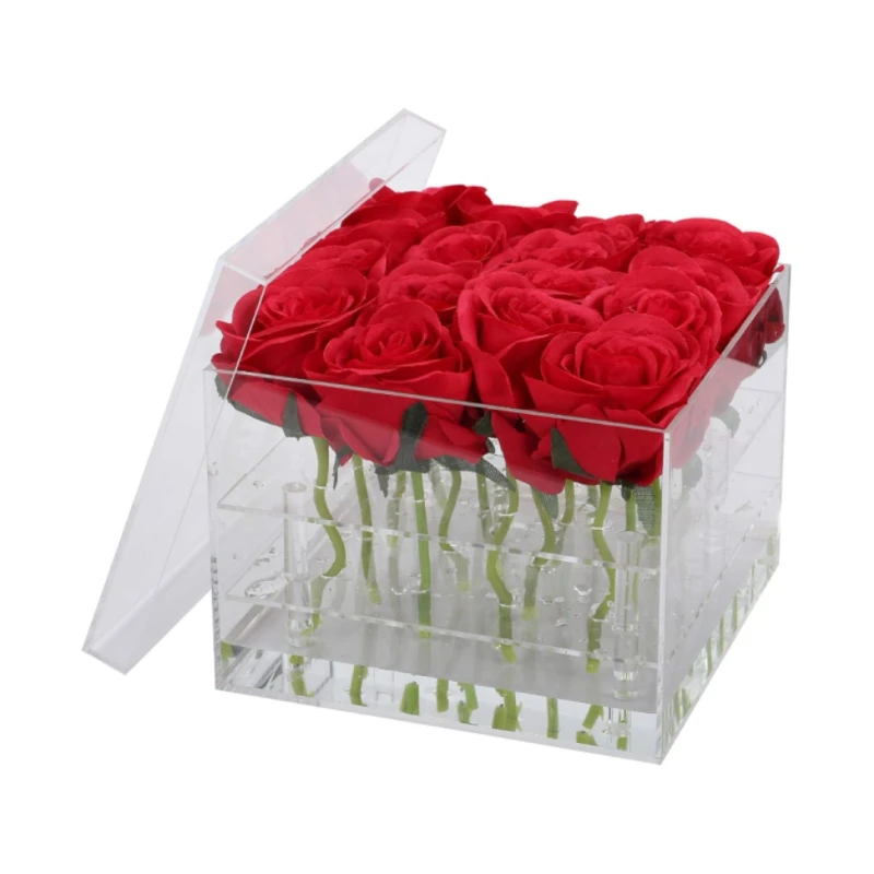 16 Holes Acrylic Flower Box Flower Pot Vase Preserved Ring Eternal Pink Blue Gift Rose Box