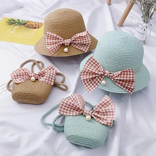 Etsy hot sell vintage handmade custom baby girl beach straw summer sun bucket hats with purse gift set