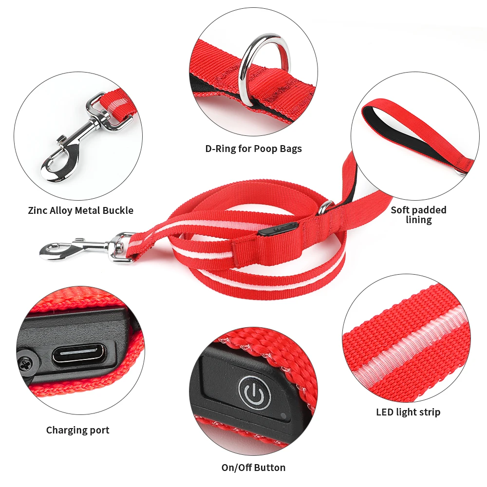 Pet Dog Night Walking Glow In The Dark Rope Leash Recharge Light Up Puppy Correa de perro Bright Flat LED Flashing Pet Leash