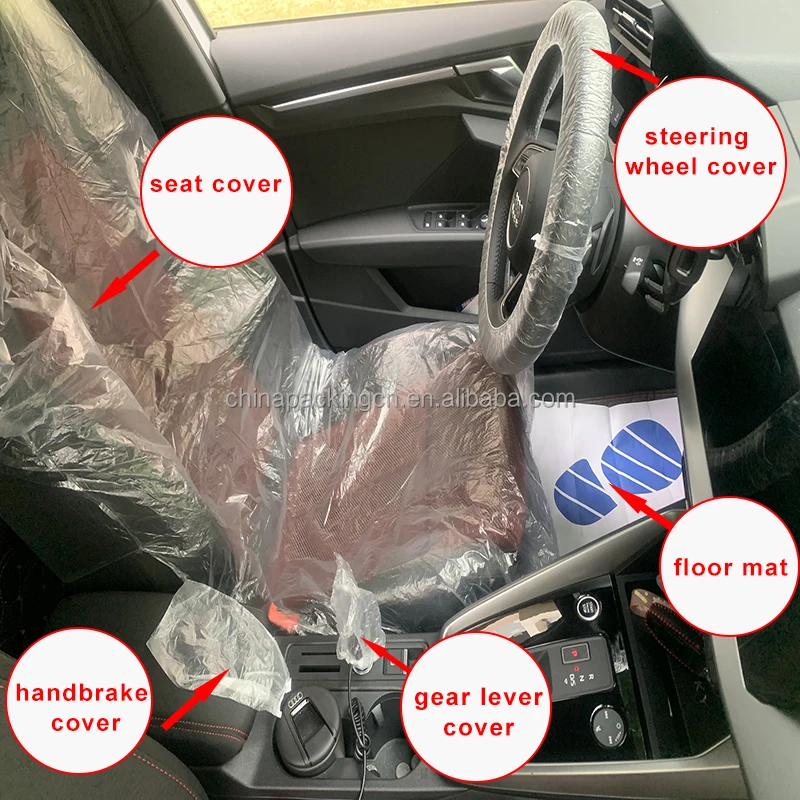 Wholesale Car Repair Protective Seat Cover Five Piece Transparent Plastic Steering Wheel Gear Lever Cover