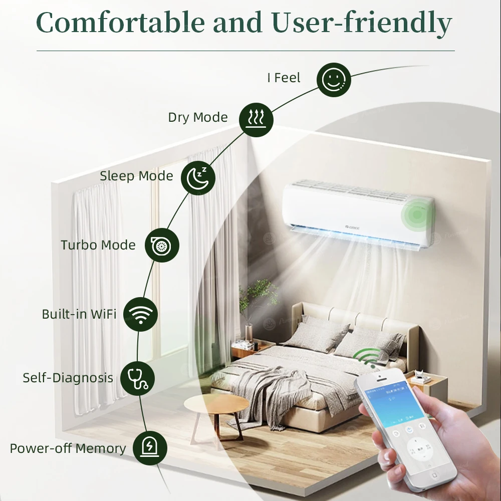 Gree Household Appliances Air Conditioner Split Wall Mounted Inverter Room Indoor 9000Btu 12000Btu Fast Cooling Climatiseur