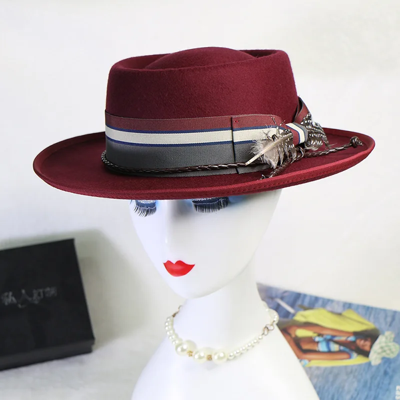 100% Wool Felt Feather Decoration Ladies Fedora cap Big Brimmed cap Jazz Hat Spring Female fedora hat bands