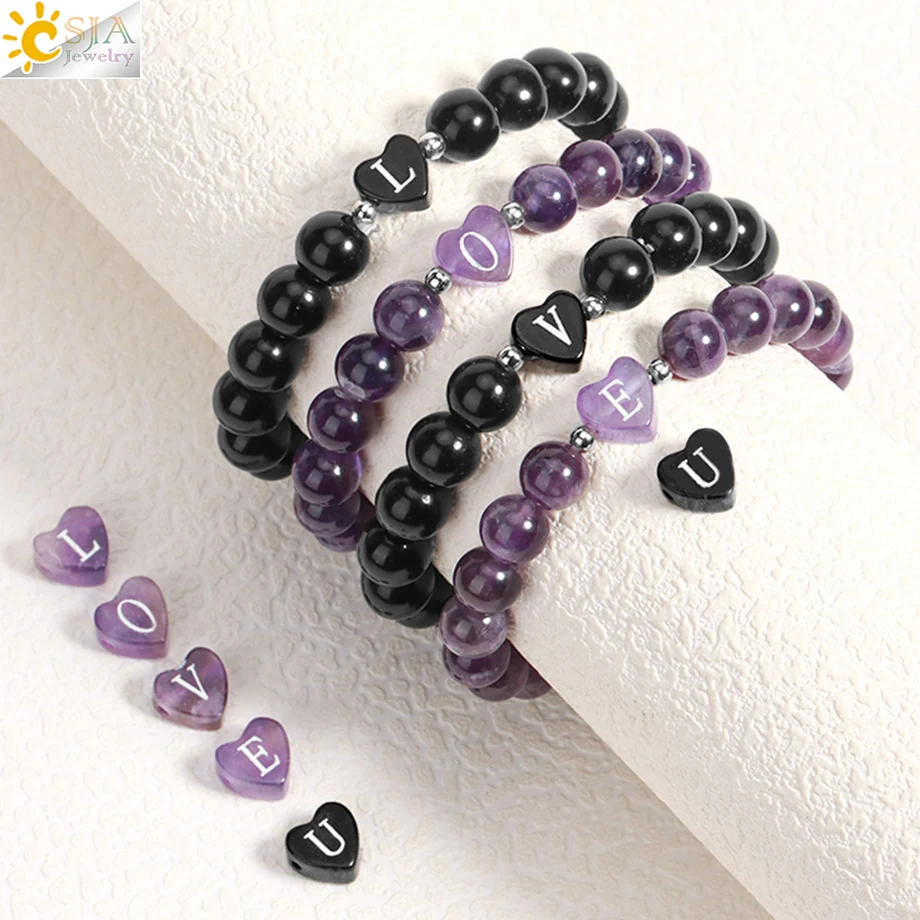 Amethysts Obsidian Rose Quartz Bracelet 26 Letter A-Z Initial Heart Shape 8mm Crystal Beads Real Natural Stone Bracelet  H283