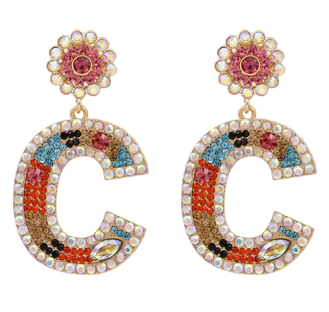 
2021 Fashionable Silver Gold Letter Full Color Crystal Rhinestones Diamond Letters Drop Big Luxury Earrings Women Jewelry 