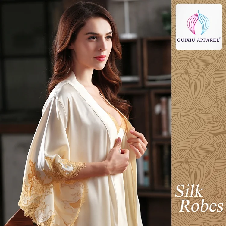 Super light golden soft ladies satin dressing gown women sleepwear satin silk robe