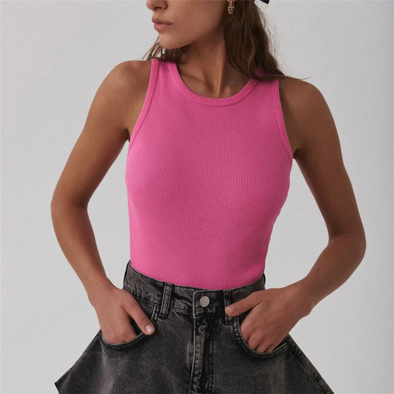 Женский трикотажный топ с круглым вырезом, летняя Базовая рубашка, повседневный спортивный жилет с открытыми плечами, зеленая ребристая Женская майка, 2021