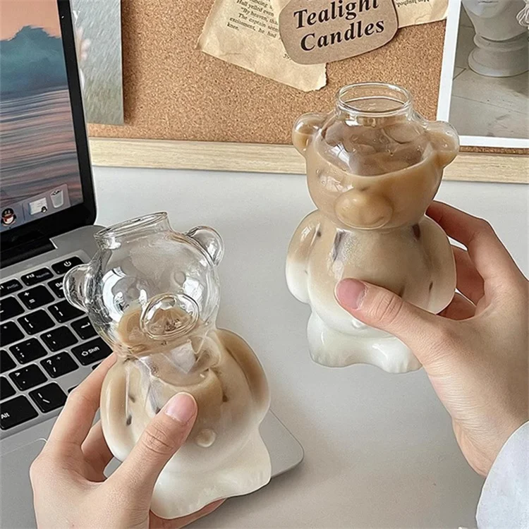 New Products Cute Drinking Glasses Bear Shaped Glass Mug Cup With Straw For Beverage Ice Coffee Cocktail