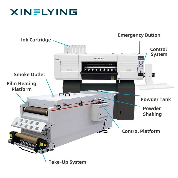 Промышленный dtf принтер Xinflying 5 головок i3200 с удлиненным порошковым шейкером и духовым шкафом для рулонной печати ПЭТ-пленки