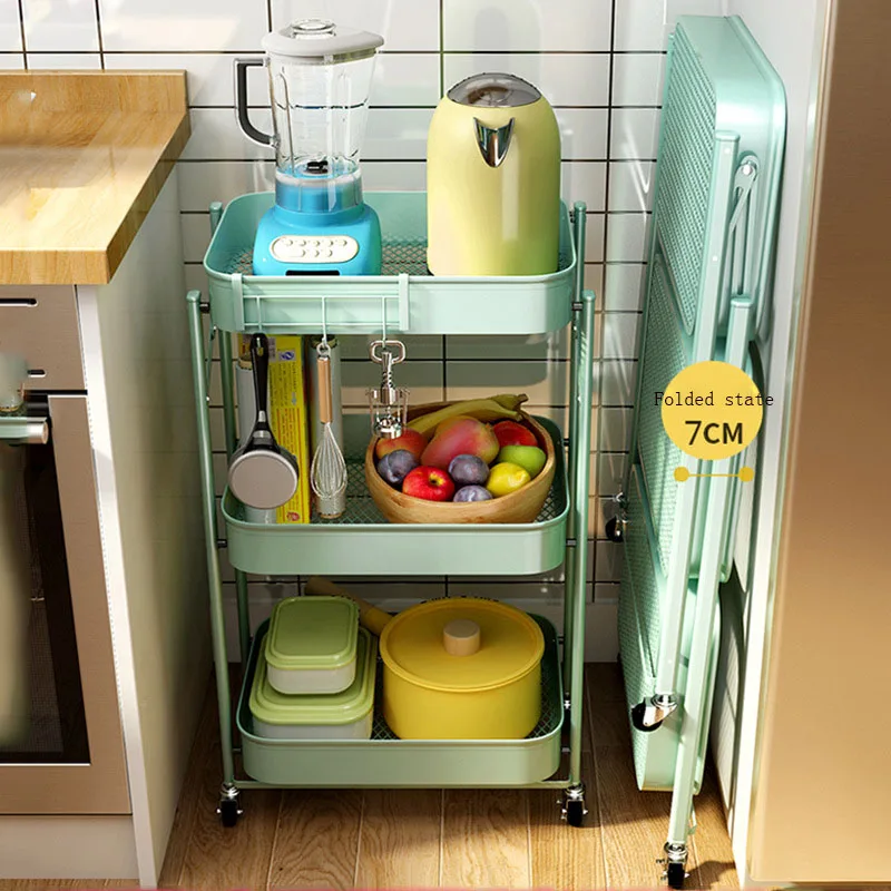 Smart-Furn Kitchen trolley 3 layers free installation of household floor trolley folding storage shelf