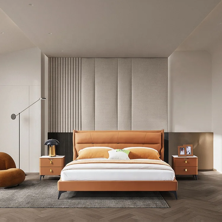 Foshan Wholesale Modern Luxury Furniture Solid Wood Genuine King Size Leather Sofa Bed Wooden Beds