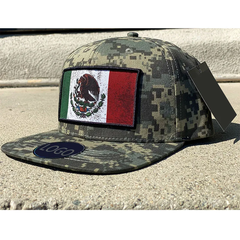 custom tricolor camo 6 Panel mexico Hat  Snapback Cap Adjustable Strap Mexican Flag logo